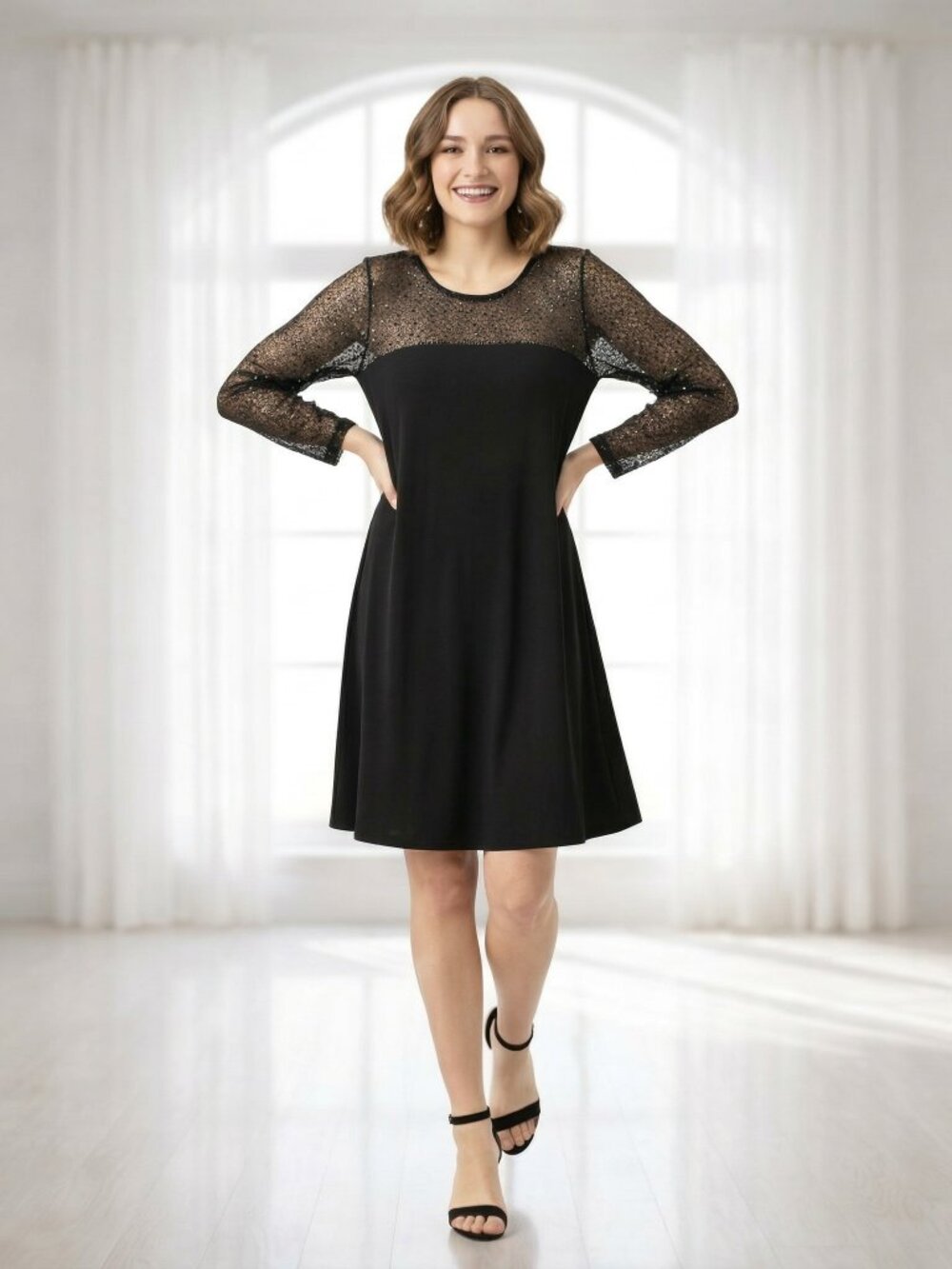 NWT Bellino Black Sequin Mesh Sheer Long Sleeve Party Dress S